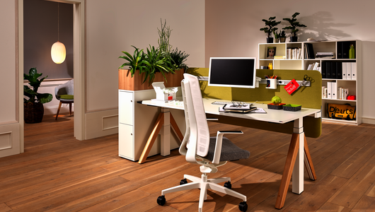 WINEA FLOW A-Fuß Schreibtisch mit WINEA SLIM inkl. Pflanzaufsatz und WINEA MAXX Regal