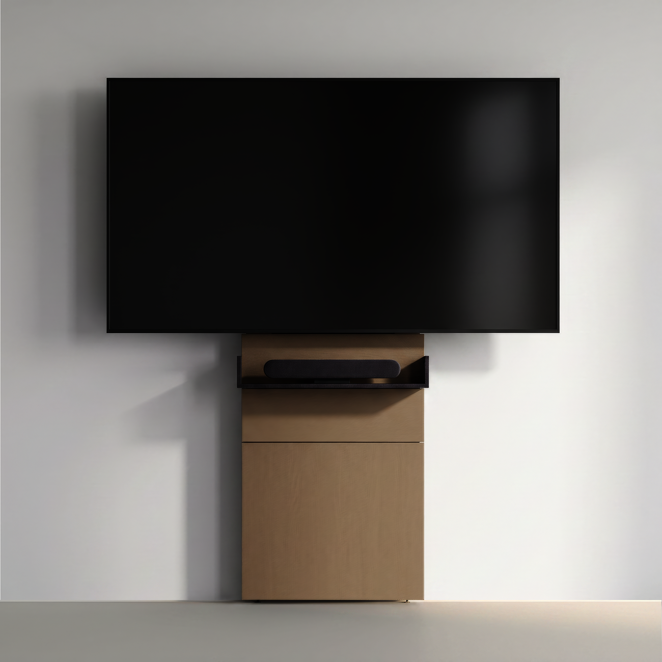 Ausbaustufe Basis+: WINEA VISTA Medienstele mit Grundelement mit frei positionierbaren Boards für Kamera, Soundbar & Co.