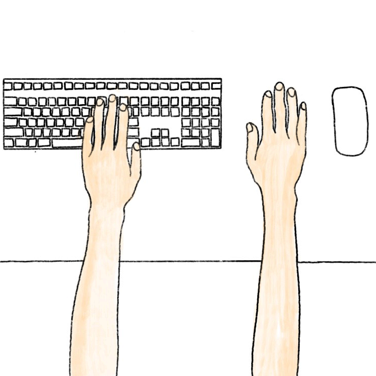 Hände liegen auf dem Schreibtisch auf einer Tastatur.