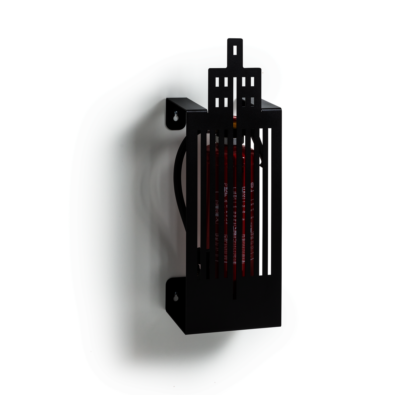 WINI Fire Extinguisher Design Cover with "House" Motif; red fire extinguisher visible behind it