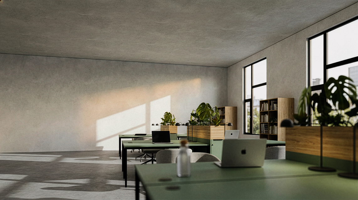 WINEA FOUR Arbeitsplatze mit Kabeldurchlass und WINEA SLIM Stauraum