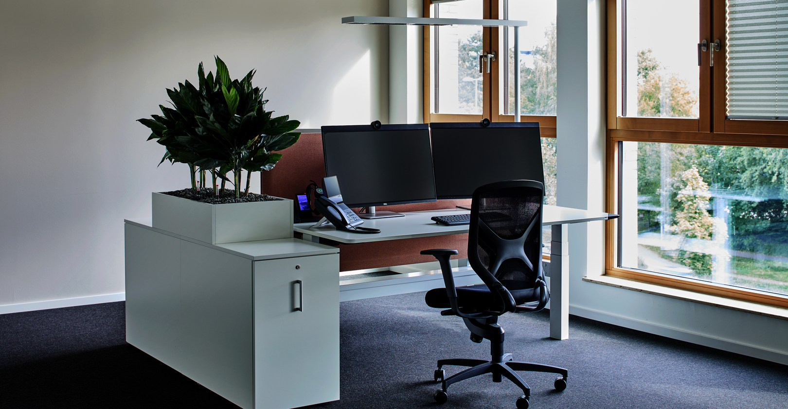 WINEA FLOW Duoarbeitsplatz mit Hintertischwand, Apotheker-Stauraum und Pflanzaufsatz