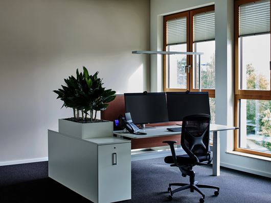 WINEA FLOW Duoarbeitsplatz mit Hintertischwand, Apotheker-Stauraum und Pflanzaufsatz