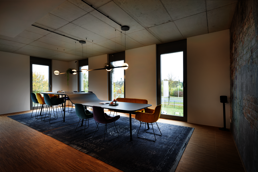 WINEA TEAMS, custom-made, seating and standing table with chairs with connecting shaft in wave form