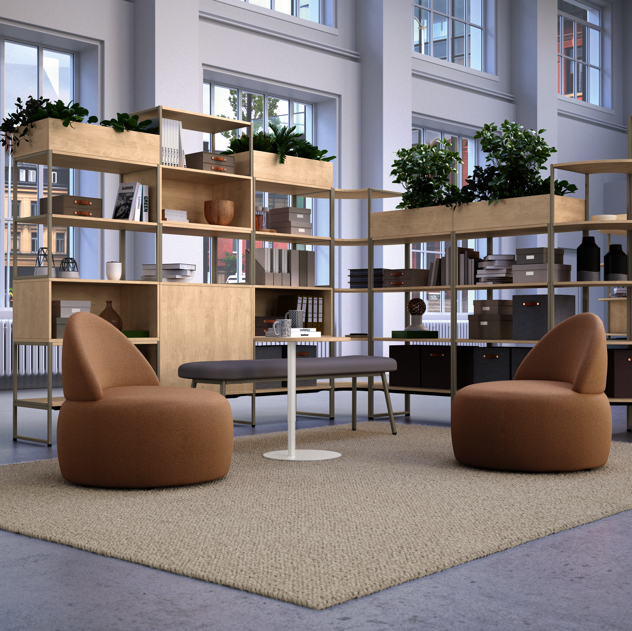 WINEA MAXX Modulregal raumbildender Stauraum mit Sitznische und WINEA TEAMS Sitzbank