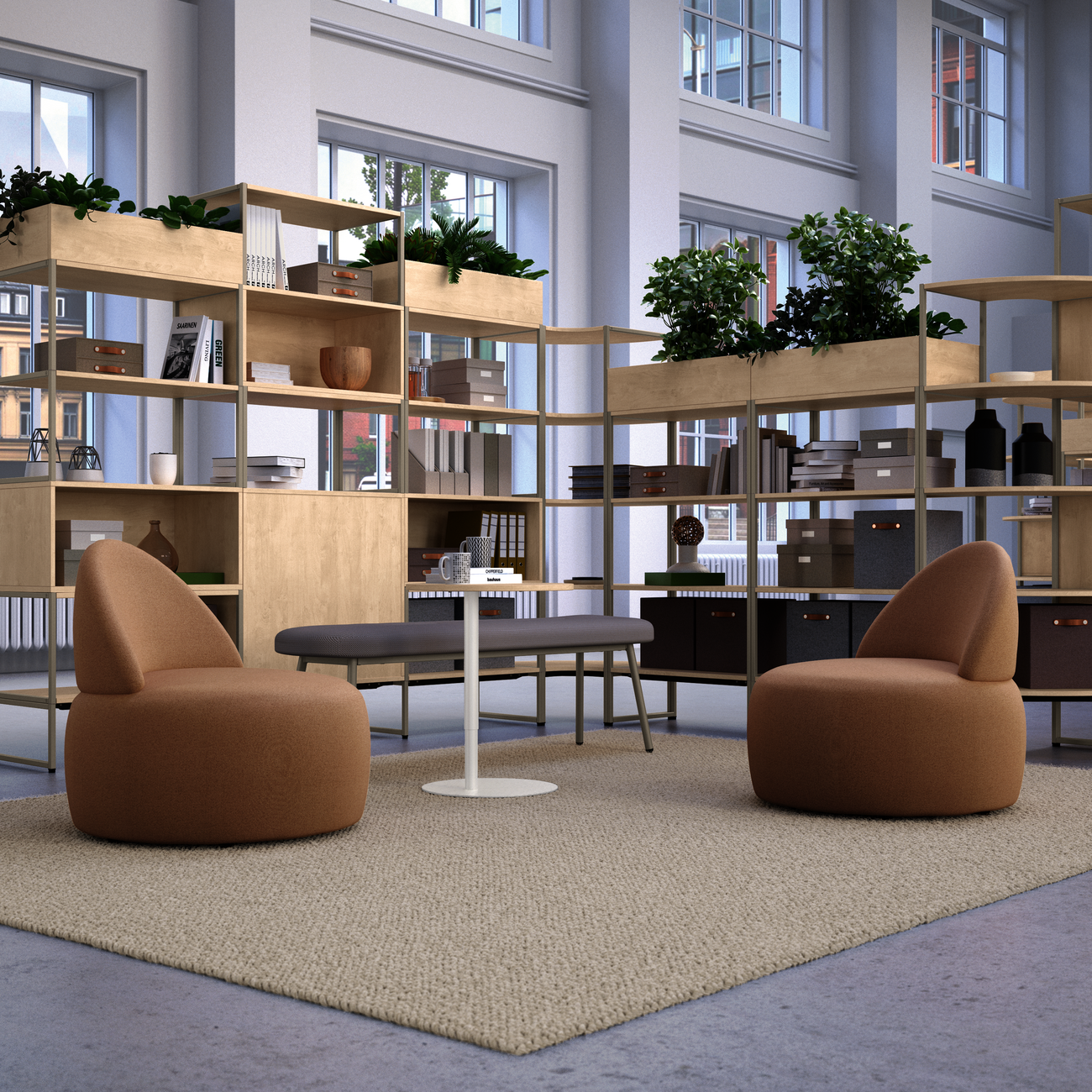 WINEA MAXX Modulregal raumbildender Stauraum mit Sitznische und WINEA TEAMS Sitzbank