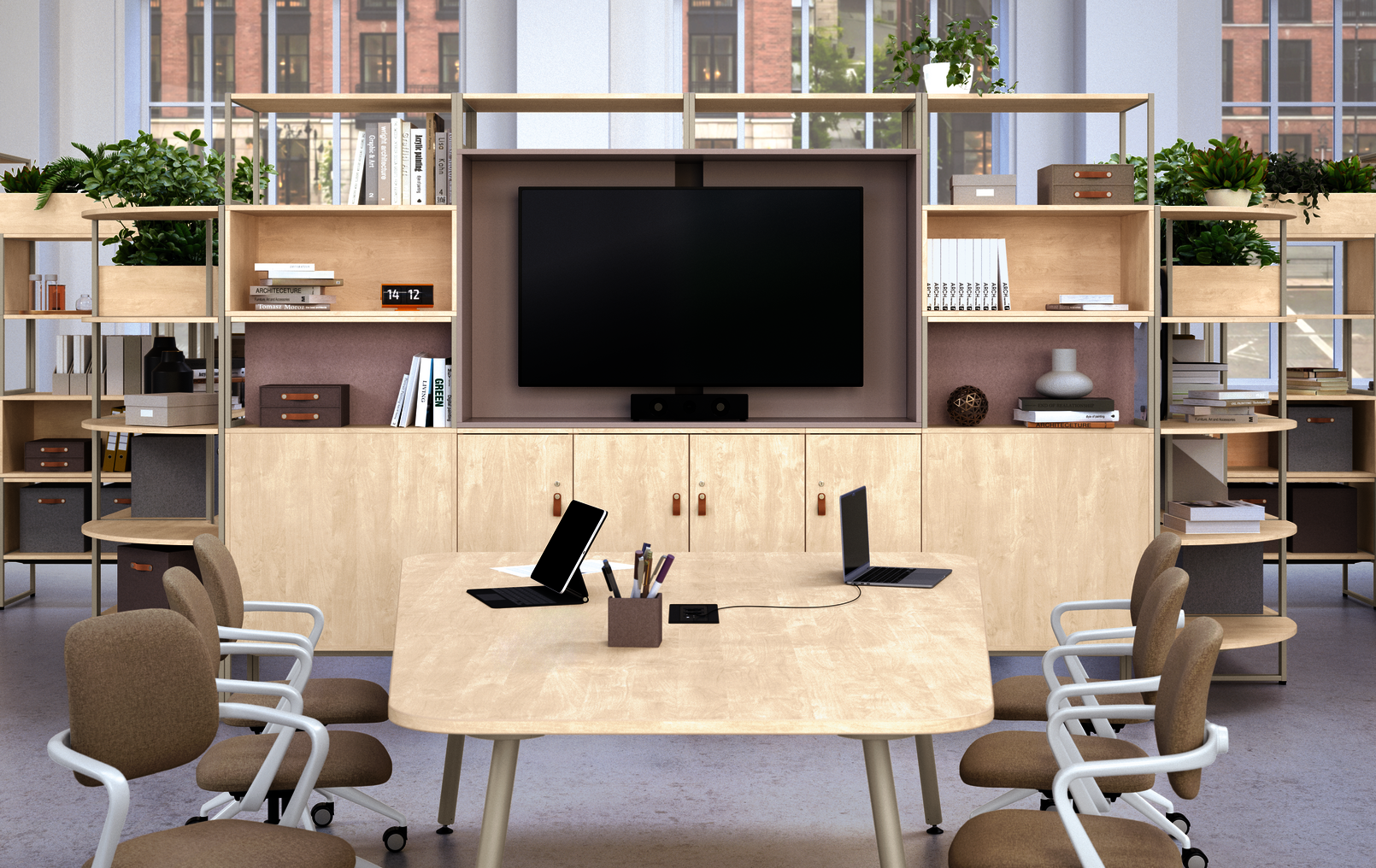 WINEA MAXX Modulregal mit Monitormodul und WINEA TEAMS Tisch