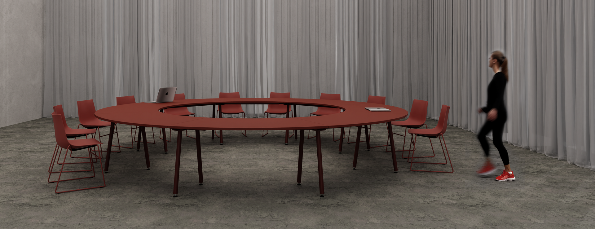 Das Dock360 – ein revolutionäres Verbindungselement für das Tischsystem WINEA TEAMS, mit dem sich bis zu vier Traversen frei im 360°-Winkel zu komplexen Verkettungen verbinden lassen.