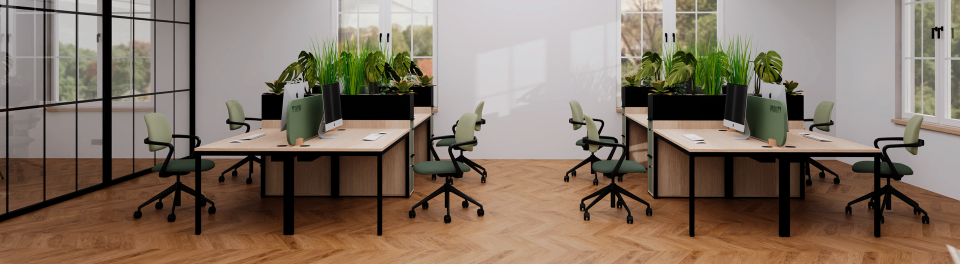 WINEA FOUR Arbeitsplätze als Bench zusammen gestellt