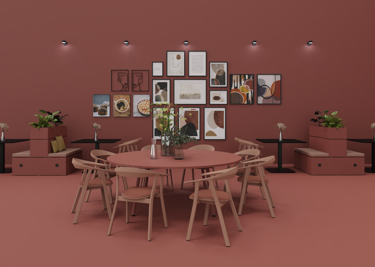 WINEA TEAMS Tisch mit runder Tischplatte und Gestell in Rostrot.