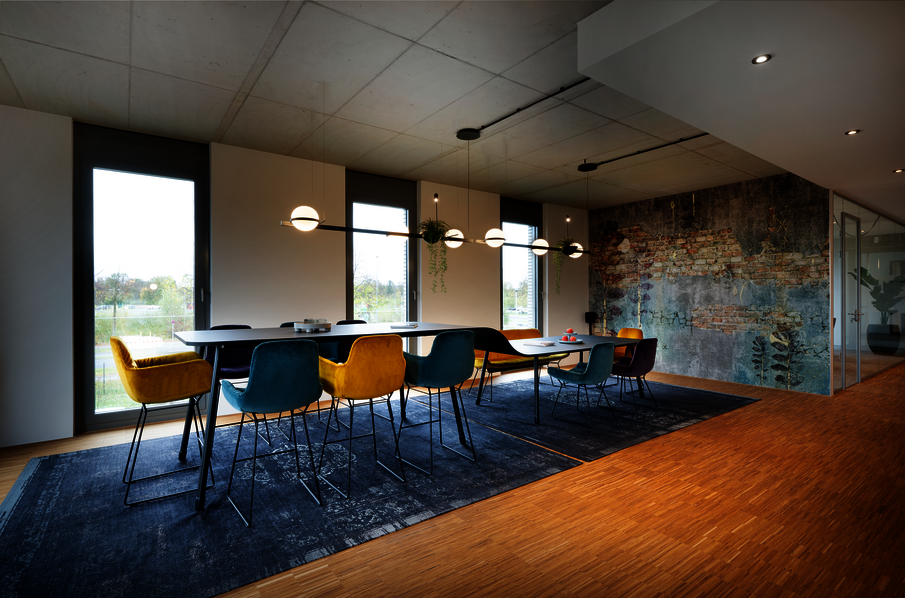 WINEA TEAMS, custom-made, seating and standing table with chairs with connecting shaft in wave form