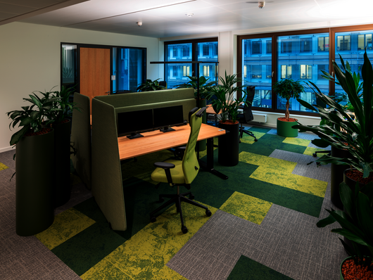 grüne Arbeitsumgebung WINEA FLOW TISCH mit WINEA X Akustikpaneel