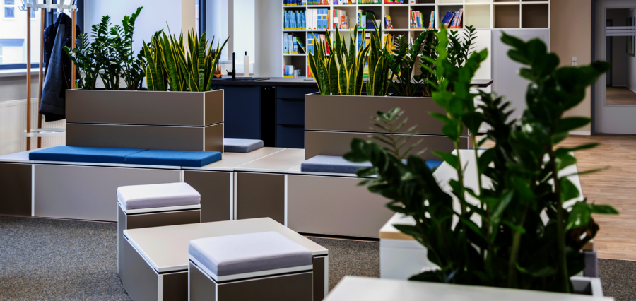 LASUB Referenz WINEA ELEMENTS mit Pflanzaufsatz und Sitzbank davor Rollcontainer mit Sitzkissen und Stauraum