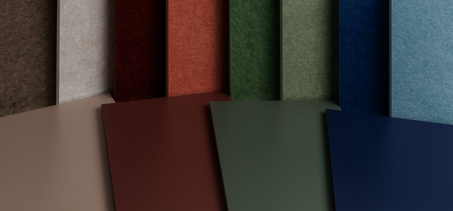 Die neuen Farben für Platten und Gestelle von WINEA STARTUP 2.0 sowie die darauf abgestimmten Polyestervliesfarben.