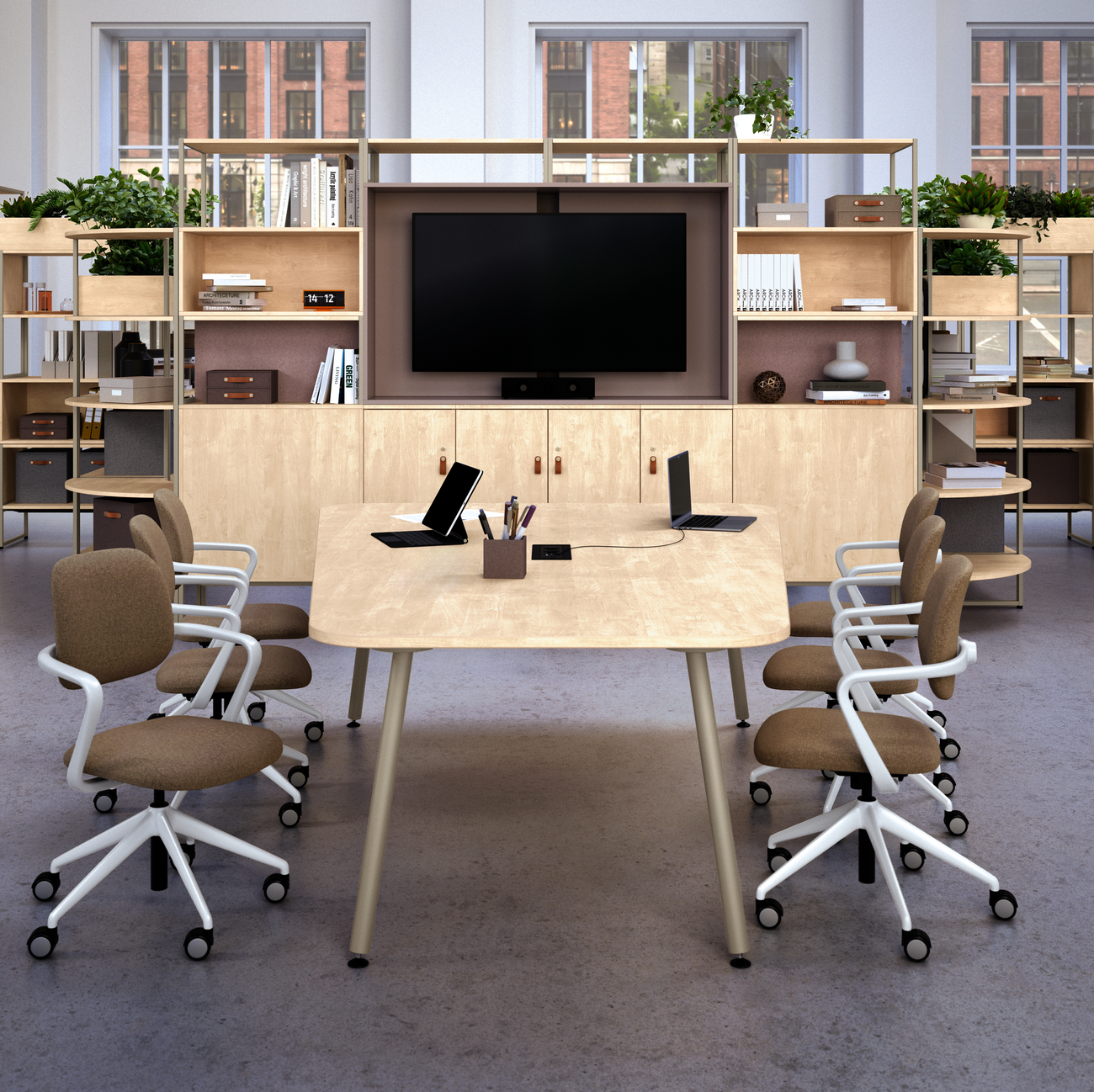 WINEA MAXX Modulregal mit Monitormodul und WINEA TEAMS Tisch