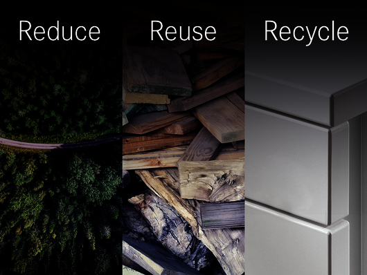 Die SARA Platte von WINI – Altholz wird wiederverwendet und anhaftende Materialien wie Glas, Stahl oder Aluminium werden getrennt und ebenfalls recycelt